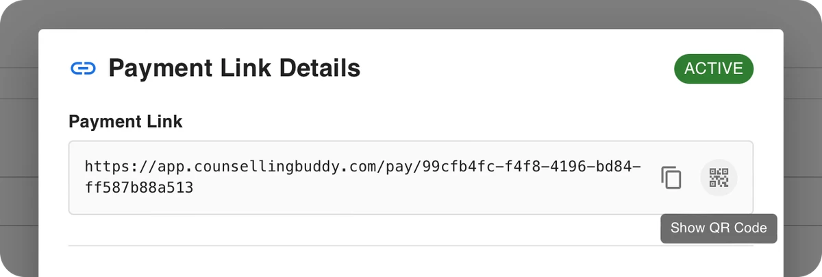 Counselling Buddy Billing and Payments - View payment link details popup - Show QR code button