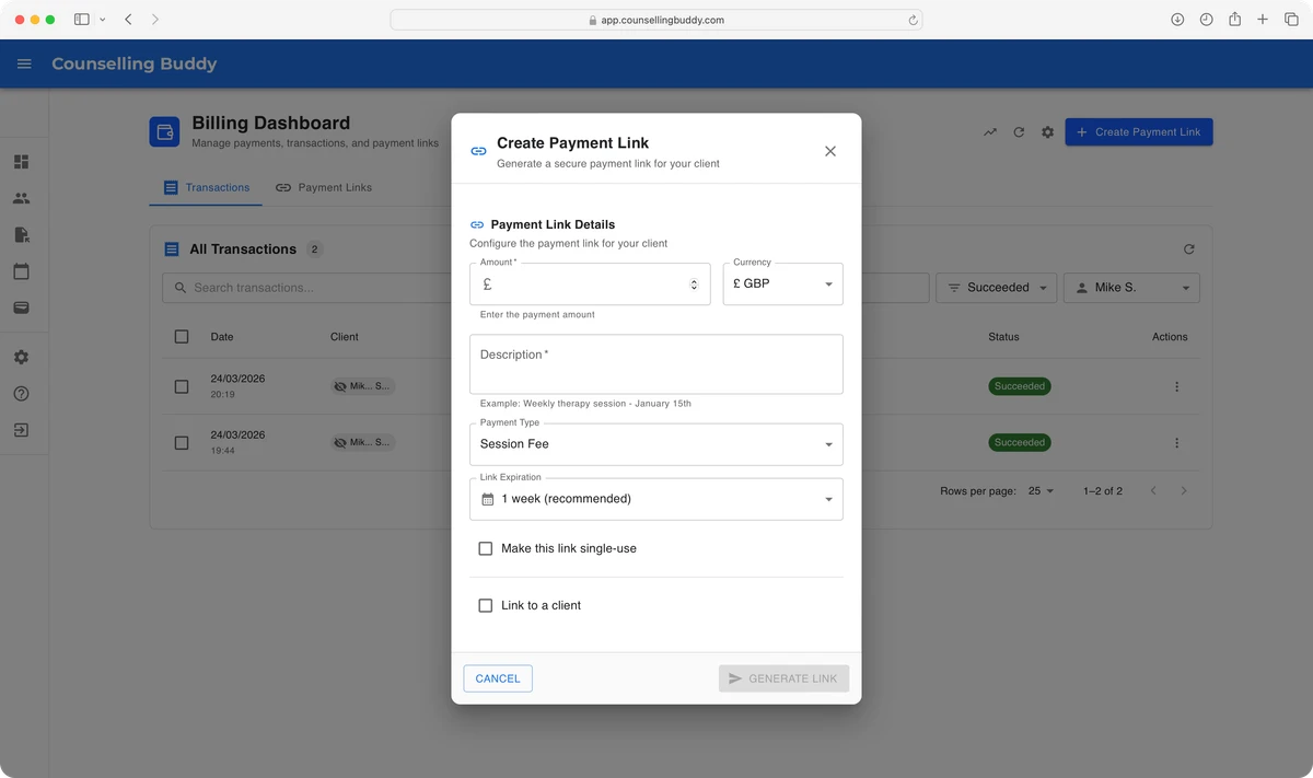 Counselling Buddy Billing and Payments - Create Payment Link Popup