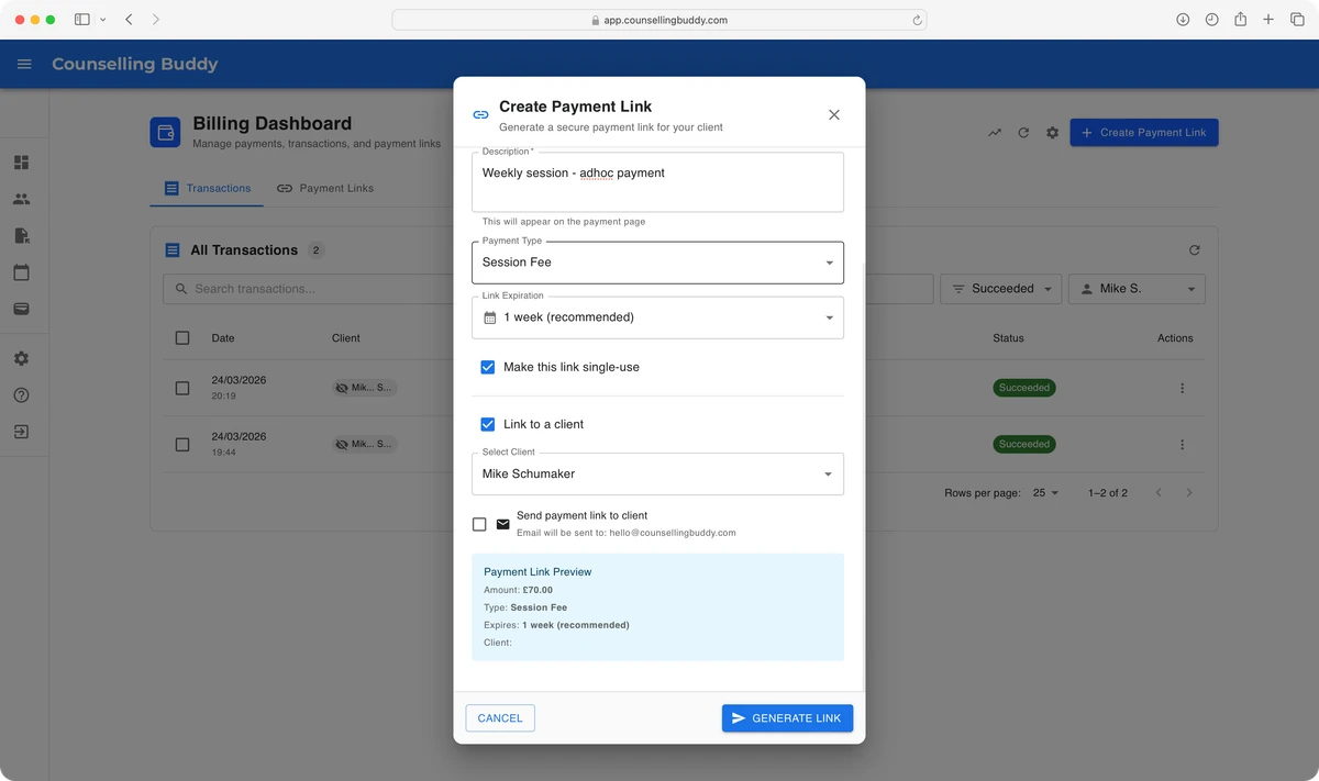 Counselling Buddy Billing and Payments - Create Payment Link Popup, with a client selected