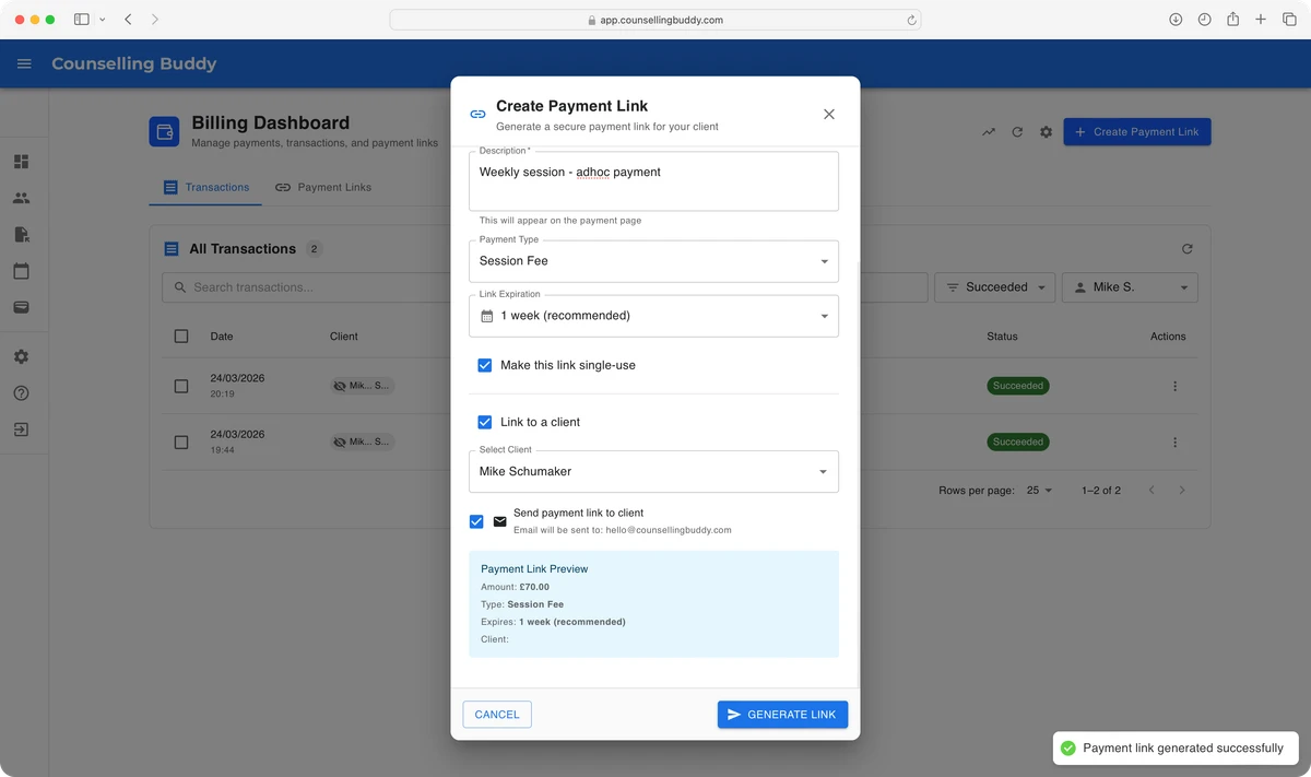 Counselling Buddy Billing and Payments Dashboard - Create payment link popup, with message indicating successful creation