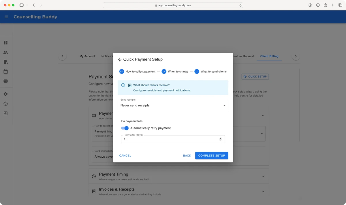 Counselling Buddy - Billing and Payments Settings, Quick Setup Wizard - What should be sent to clients