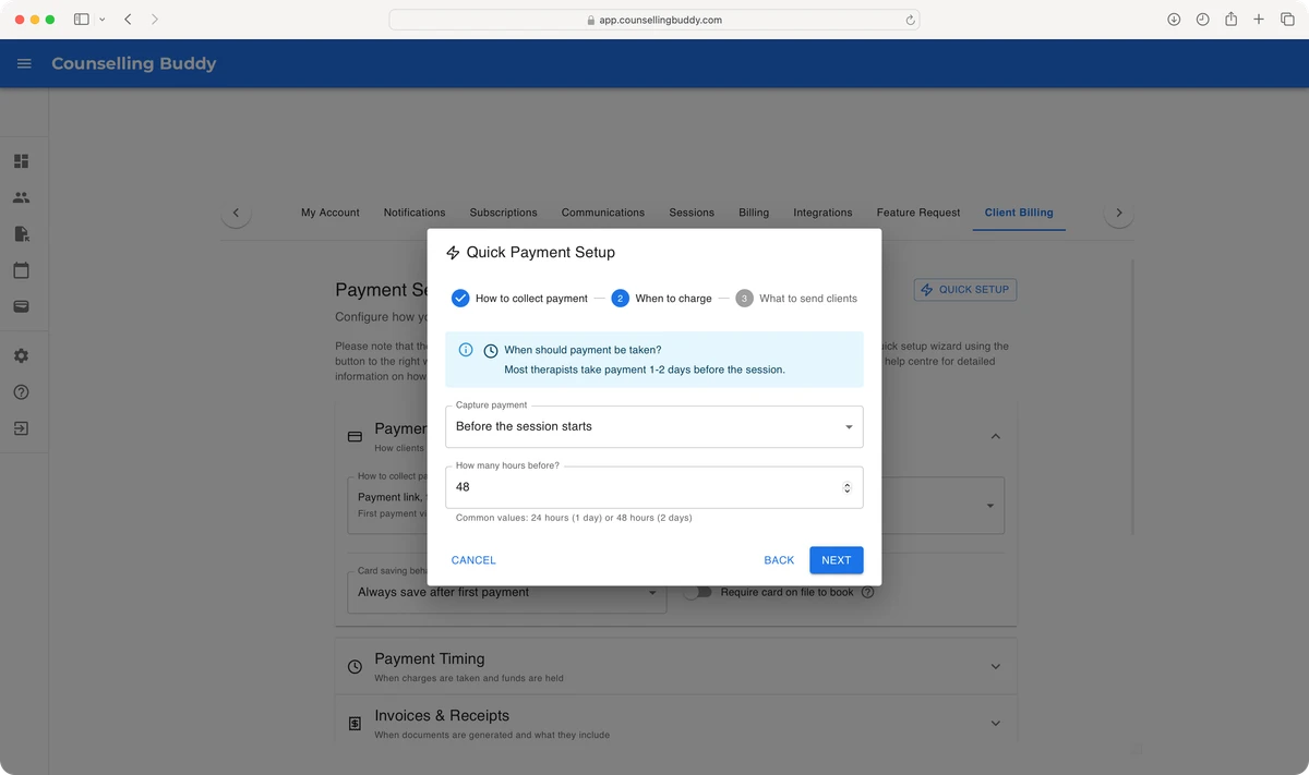 Counselling Buddy - Billing and Payments Settings, Quick Setup Wizard - When should clients be charged