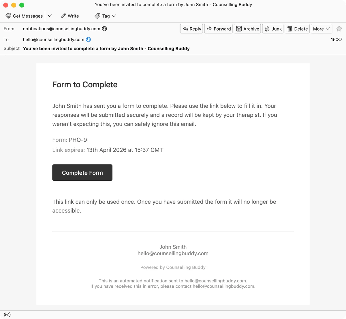 Email that is automatically sent to the client with the form link, if enabled